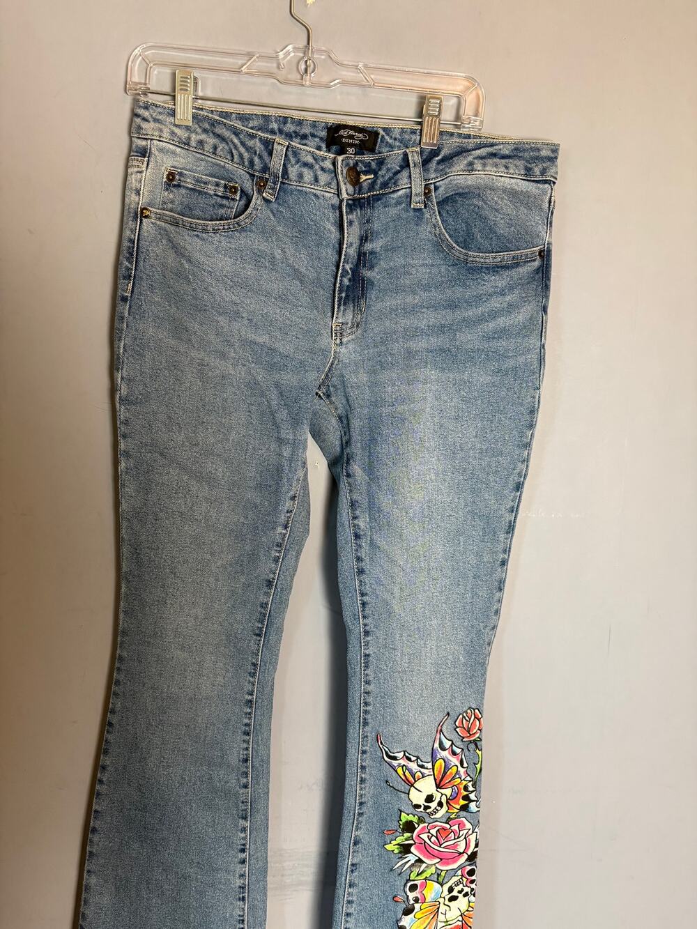 Vintage Y2K Ed Hardy Women’s Tattoo Skull Flare Bootcut Jeans WEHD8800 6 Sz 30